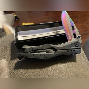 Iridescent Blade Folding Knife with Black Handle - Multi-Color Finish